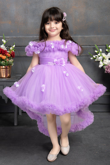 Lilac Flower Fantasy Gown – Premium Net Partywear Dress for Girls