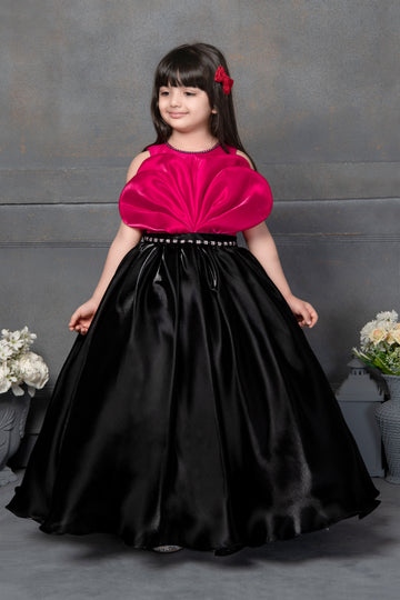 Designer Luxury Ball Gown for Girls – Hot Pink Petal Bodice with Black Satin Flare & Rhinestone Waistband