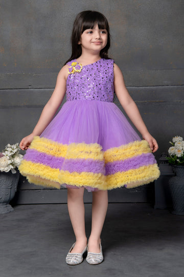 Lavender & Yellow Party Frock for Girls – One-Shoulder Glitter Sequin Top with Ruffle Tulle Dress - Inayah Fashion
