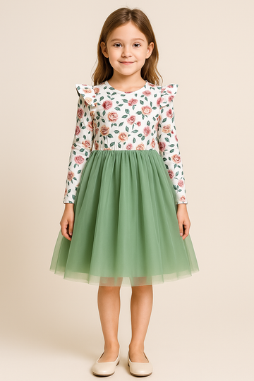 Girls Floral Print Green Tulle Dress – Long Sleeve Casual Party Dress with Puff Shoulders