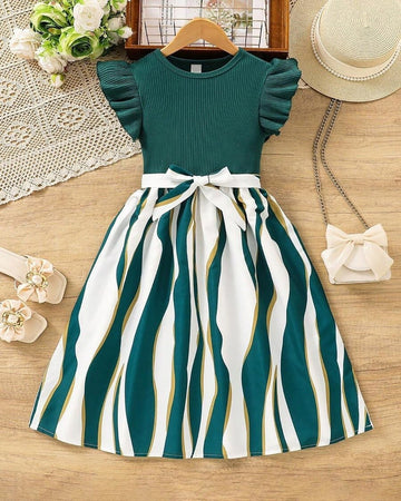 Girls Elegant Green Ribbed Top Dress with Striped Skirt & Bow Waist