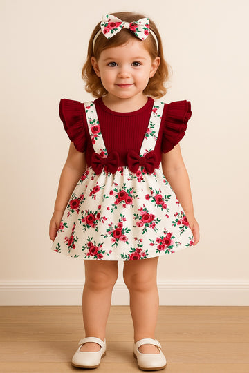 Adorable Burgundy Ruffle Top and Floral Suspender Skirt Set with Matching Headband