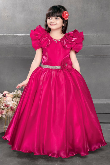 Luxury Hot Pink Ball Gown for Girls – Satin Ruffle Sleeves with Flared Skirt & Embellished Waist – Princess Party Dress