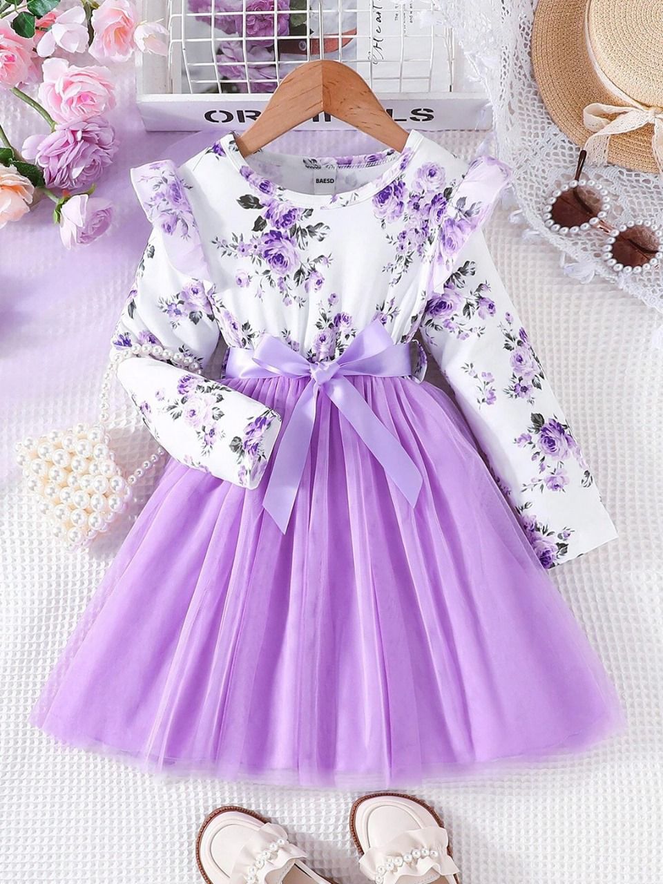 Lavender Floral Print Long-Sleeve Dress with Tulle Skirt for Girls - Inayah Fashion