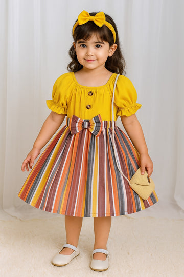 Girls Mustard Puff Sleeve Top & Multicolor Striped Skirt Dress with Bow