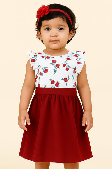Chic Red & White Floral Girls Dress – Sleeveless Ruffle Shoulder Frock with Solid Wine Red A-Line Dress