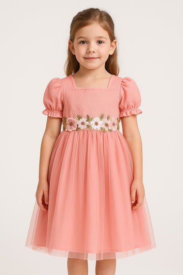 Elegant Pink Puff Sleeve Tulle Dress for Girls – Floral Embroidered Waist, Smocked Bodice Dress