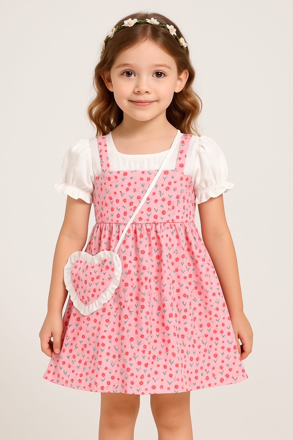 Sweet Pink Tulip Print Layered Dress for Baby Girls – Puff Sleeve White Inner Top with Strappy Frock - Inayah Fashion