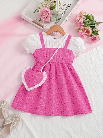 Girls Pink Floral Pinafore Dress with Puff Sleeves & Matching Heart Bag