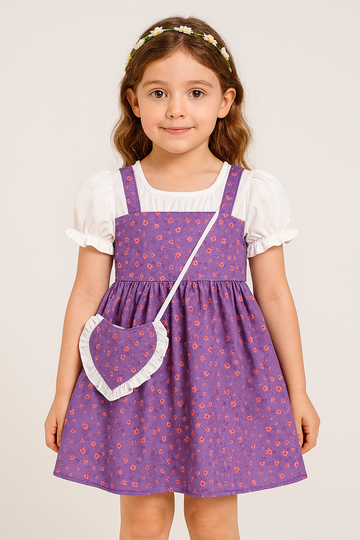 Adorable Purple Floral Print Baby Girl Dress Set – Puff Sleeve White Top with Strappy Frock