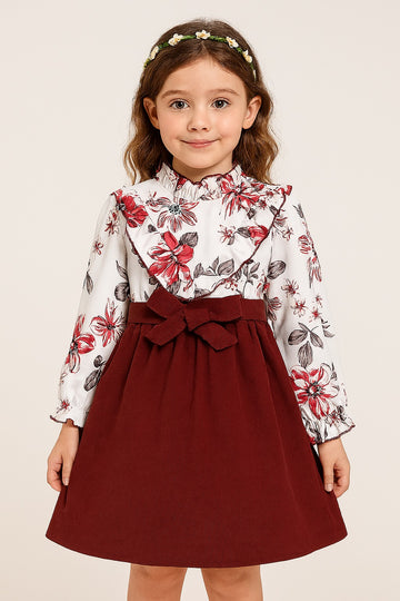 Elegant Maroon & Floral Long Sleeve Dress for Girls – Ruffle Neckline with Belted Waist Dess