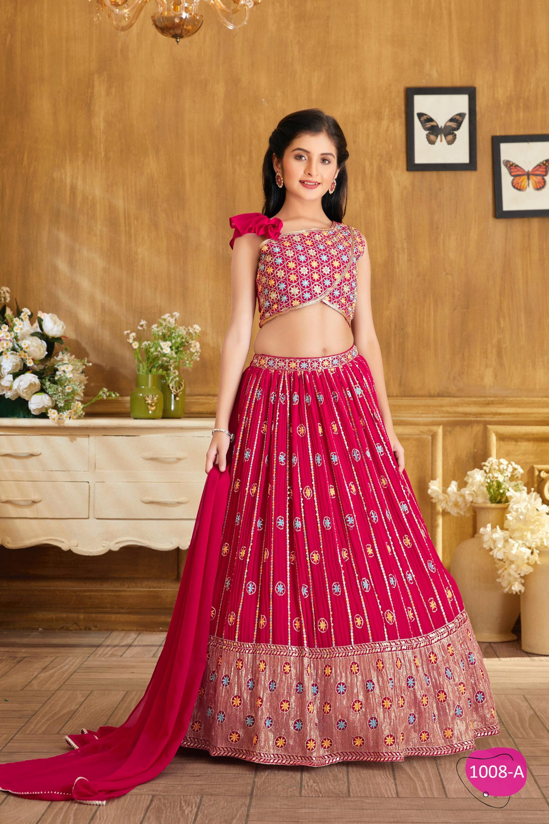 Vibrant Pink Embroidered Lehenga Choli Set for Girls – One-Shoulder Crop Top with Mirror Work - Inayah Fashion