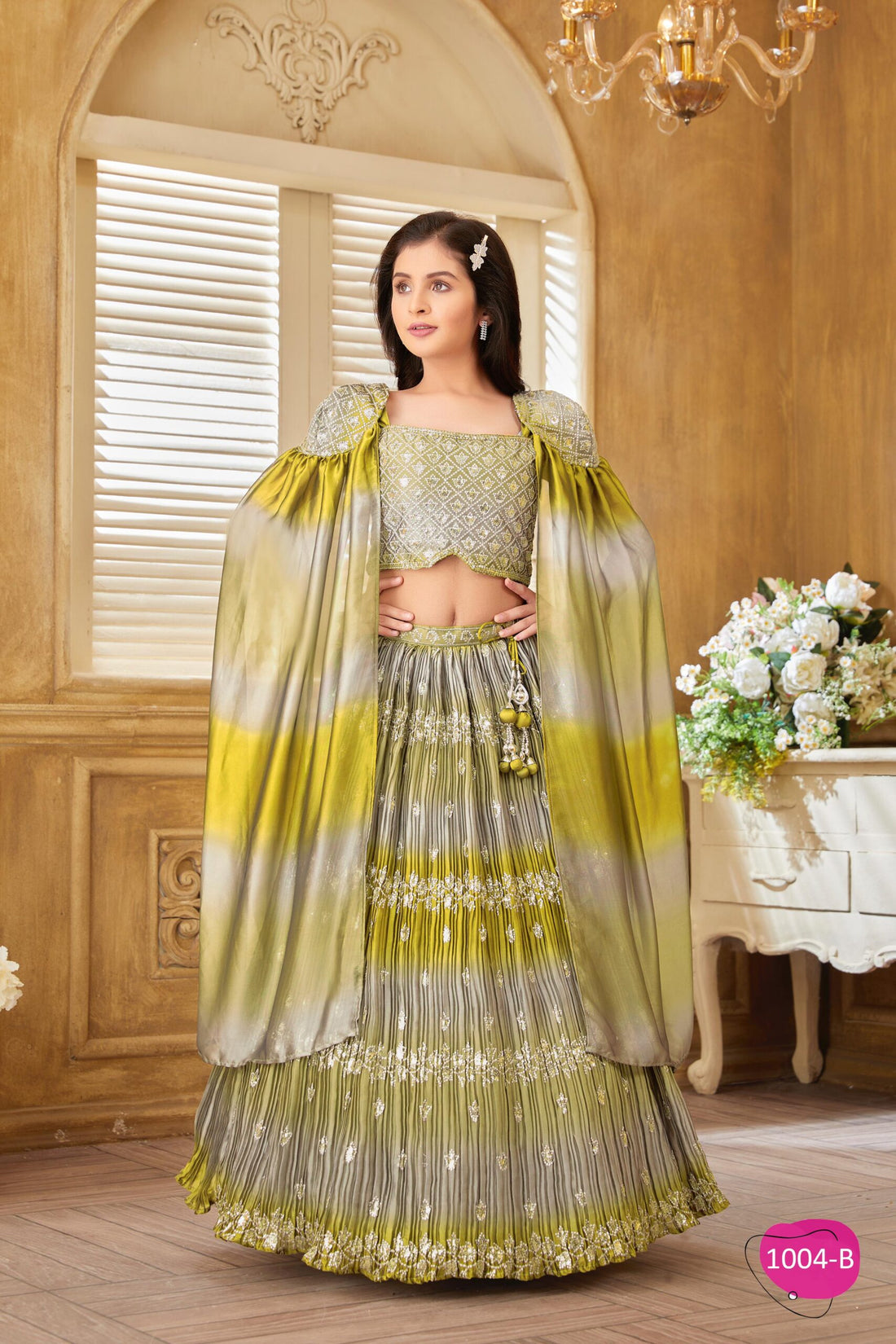 Ombre Green Designer Lehenga Choli Set for Girls – Pleated Skirt with Sequin Embroidery - Inayah Fashion