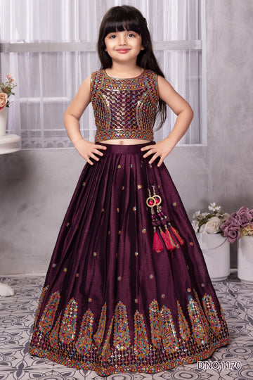 Wine Mirror Embroidered Lehenga Choli for Girls – Designer Partywear Outfit with Tassel Detail