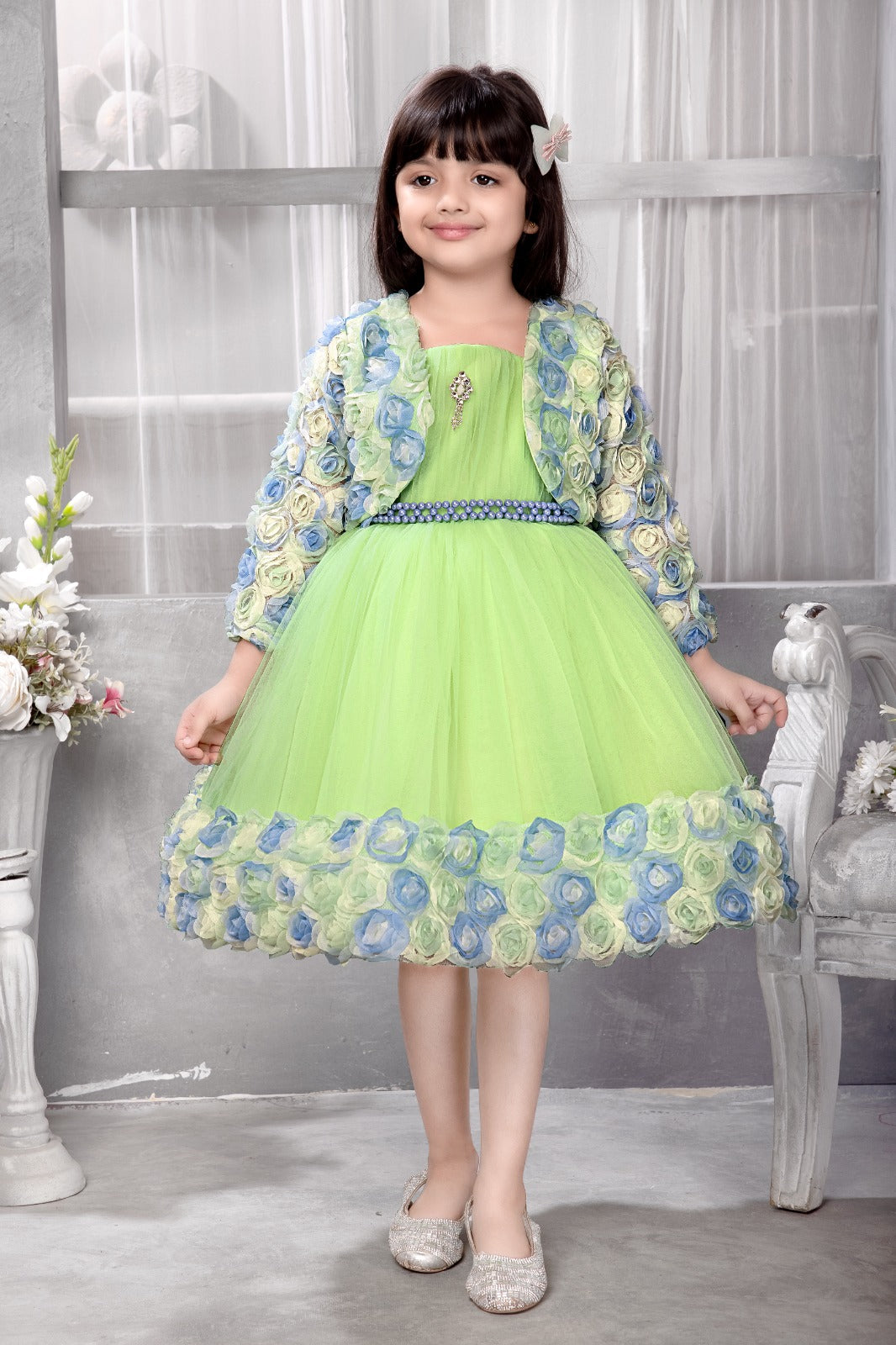 Green Net Party Dress for Girls with 3D Floral Jacket Belt