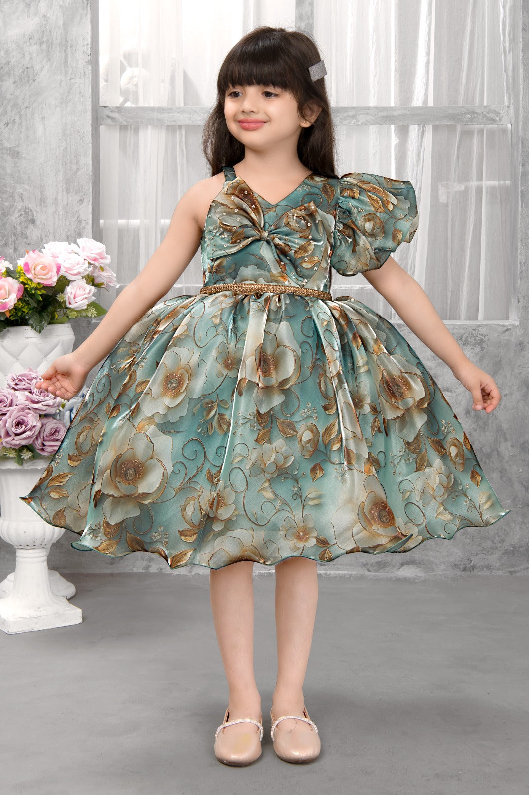 Elegant Floral Printed One-Shoulder Satin Dress for Girls – Designer Green-Gold Partywear Frock with Pearl Accents - Inayah Fashion