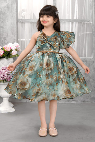 Elegant Floral Printed One-Shoulder Satin Dress for Girls – Designer Green-Gold Partywear Frock with Pearl Accents - Inayah Fashion
