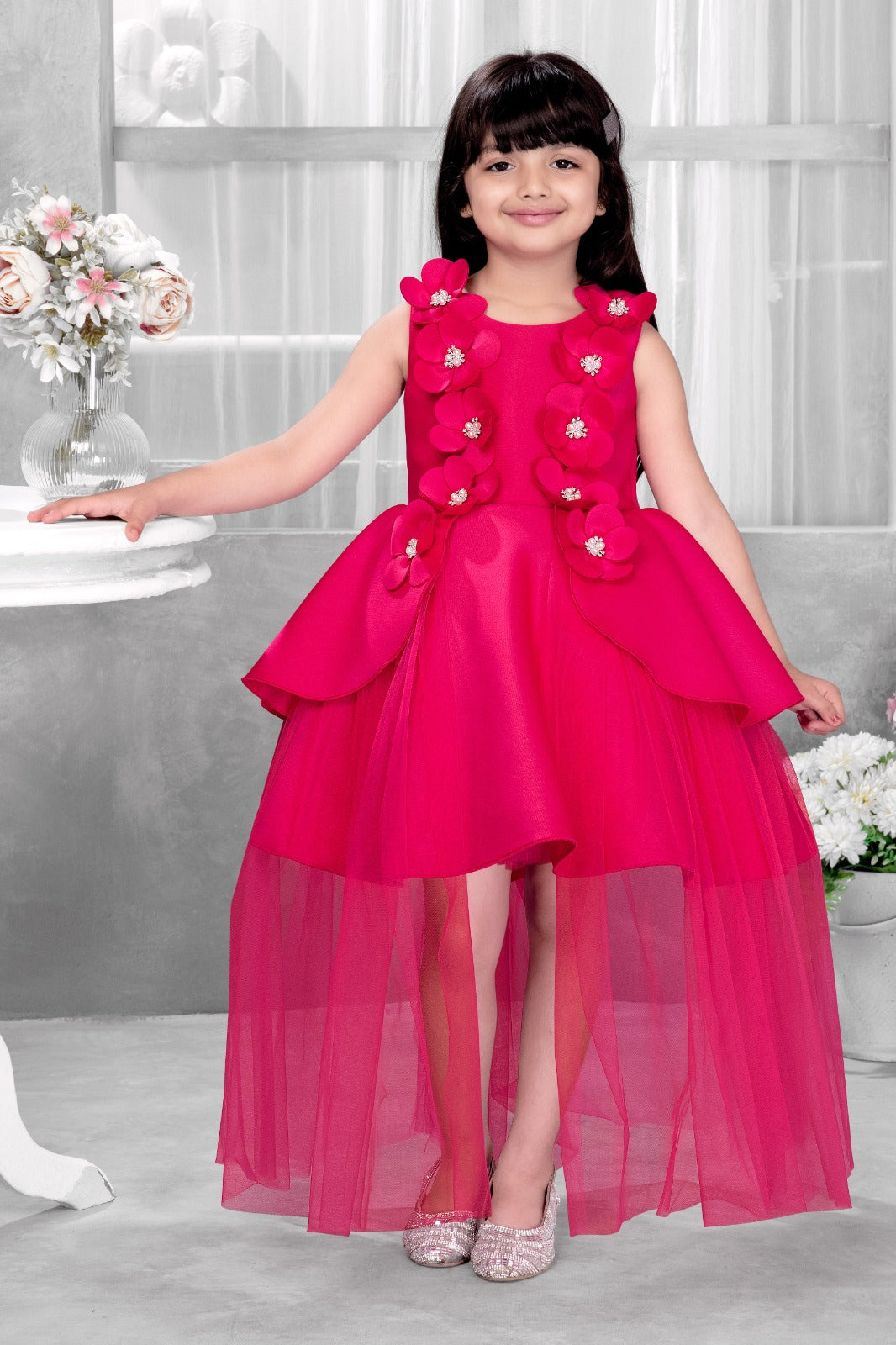 Hot Pink High-Low Party Dress for Girls | 3D Floral Embellished Sleeveless Gown with Layered Tulle Train - Inayah Fashion