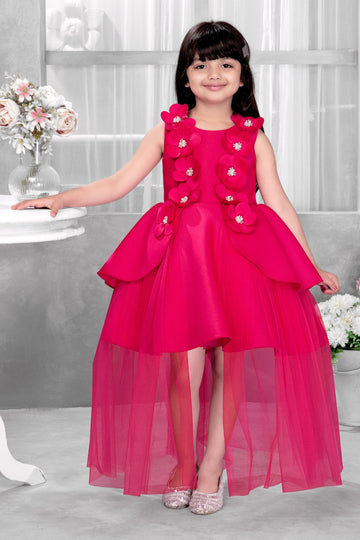 Hot Pink High-Low Party Dress for Girls | 3D Floral Embellished Sleeveless Gown with Layered Tulle Train - Inayah Fashion