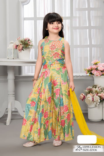 Lemon Yellow Floral Printed Gown for Girls – Sleeveless Partywear Dress with Dupatta