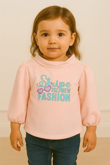 Girls Pink Full Sleeve Top with "Stripe is New Fashion" Print