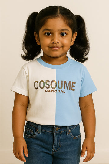 Girls Blue & White Half-Half T-Shirt with "COSOUME NATIONAL" Print