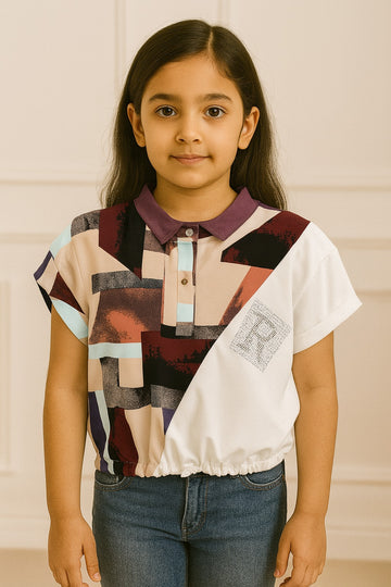 Girls Abstract Print Multicolor Polo Neck Top with Elastic Waist