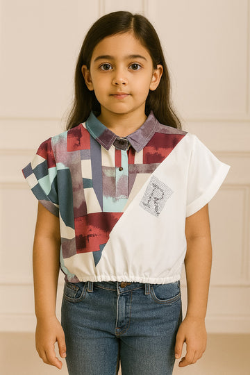 Girls Abstract Block Print Polo Neck Top with Elastic Hem