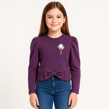 Girls Purple Full Sleeve Knit Top with Front Bow & Smile Badge - Inayah Fashion