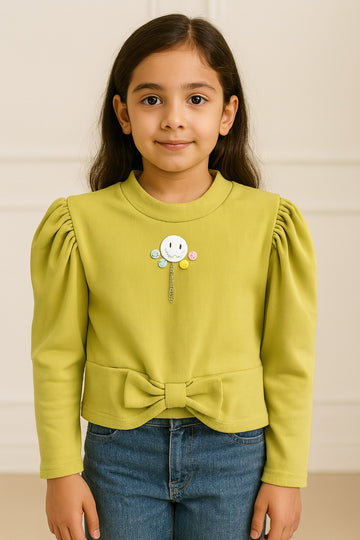 Girls Lime Green Full Sleeve Ribbed Top with Bow & Smiley Badge