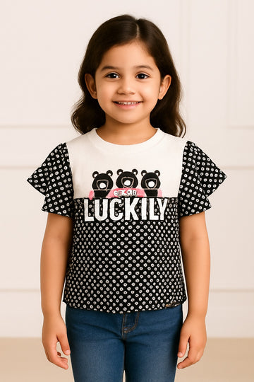 Girls Black & White Polka Dot "Luckily" Bear Print Flutter Sleeve Top