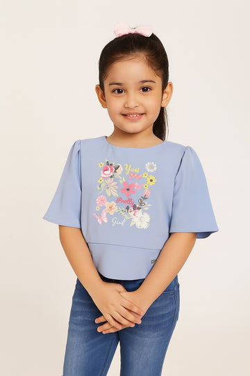 Girls Light Blue Flutter Sleeve Floral Print Top – "You Pretty Girl"