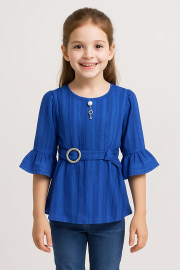 Girls Royal Blue Striped Peplum Top with Belt & Pearl Brooch