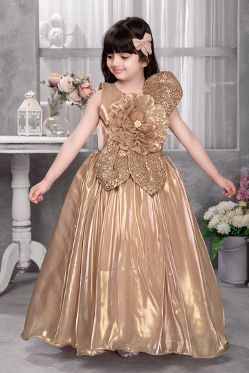 Golden Glamour Gown with Oversized Flower & Sequin Detailing – Premium Partywear for Girls