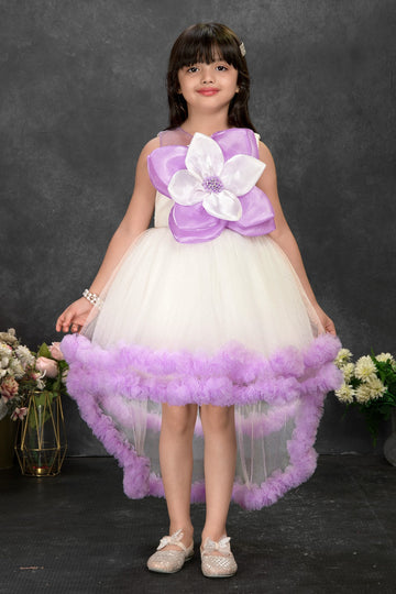 Designer High-Low Tulle Frock in Ivory & Lavender with Floral Applique – Elegant Party Dress