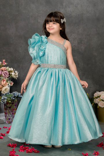Premium Ice Blue One-Shoulder Shimmer Gown for Girls with Ruffle & 3D Floral
