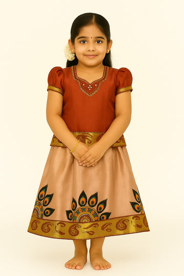 Traditional South Indian Silk Cotton Pattu Frock for Girls – Maroon & Beige Peacock Motif Ethnic Dress with Zari Border
