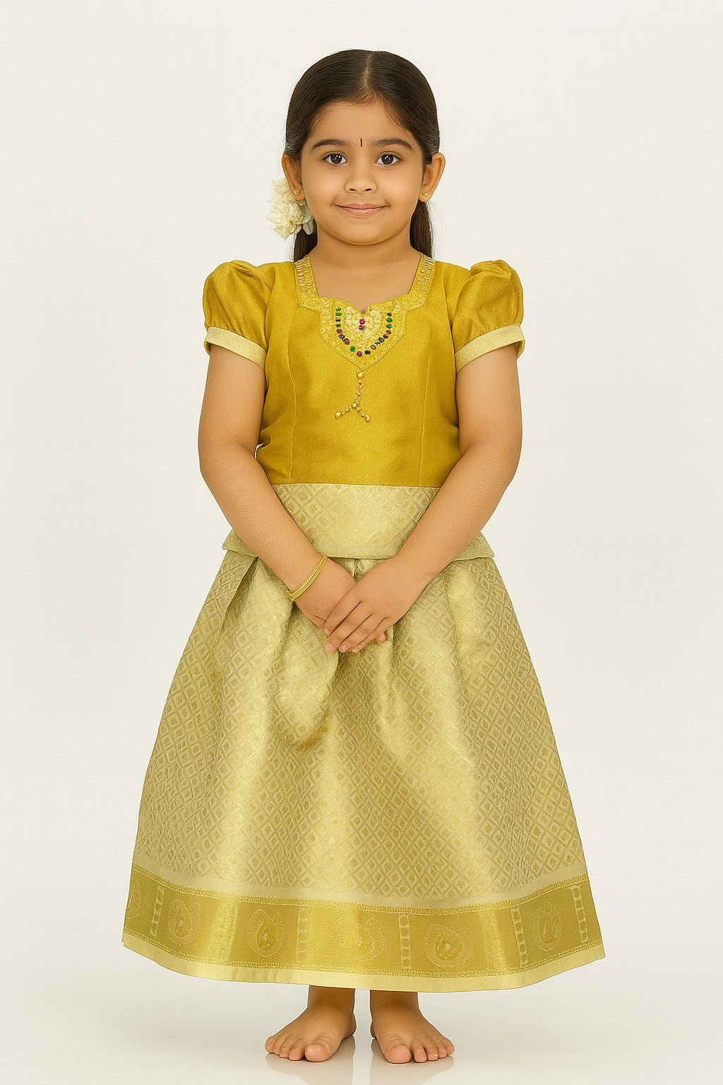 Golden Silk Pattu Pavadai Set for Girls – Traditional South Indian Dress with Diamond Weave Skirt Embroidered Neck Design