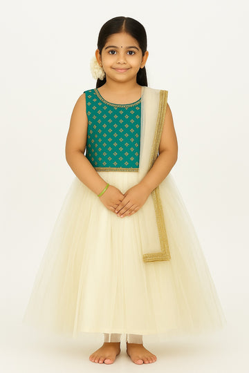 Elegant Green & Cream Party Gown Set for Girls – Sleeveless Brocade Top with Net Flared Skirt and Dupatta