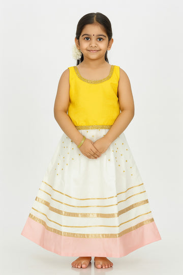 Charming Yellow and White Traditional Gown for Girls – Sleeveless Golden Border Dress with Pink Hem – Festive Ethnic Wear