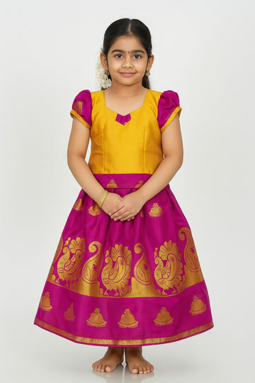 Traditional Mustard & Magenta Pattu Pavadai for Girls – Silk Blend South Indian Dress with Peacock Motif Skirt & Puff Sleeves