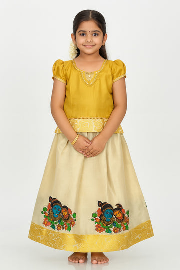 Ethnic Golden Hand-Painted Pattu Pavadai for Girls – Krishna & Radha Artwork Skirt with Embroidered Top – Traditional Festival Wear