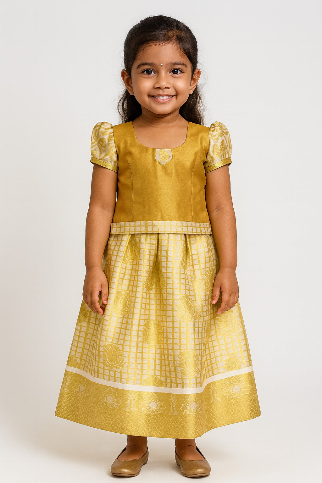 Golden Yellow Checked Pattu Pavadai for Girls – Puff Sleeve Blouse with Floral Motif Skirt & Temple Border – South Indian Festive Wear - Inayah Fashion