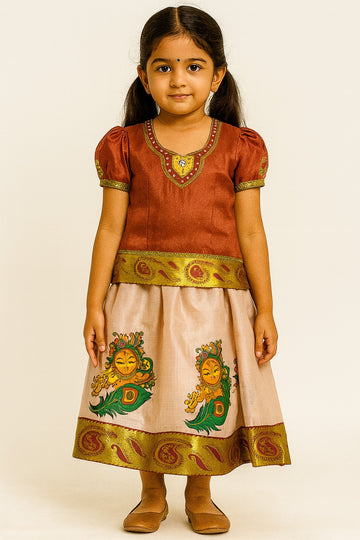 Ethnic Copper Brown Pattu Pavadai for Girls – Traditional Artwork Skirt with Embroidered Neck Blouse & Zari Borders – Cultural Festive Wear