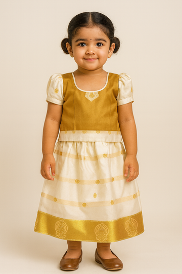 Golden & Cream Kerala Traditional Pattu Pavadai for Baby Girls – Puff Sleeve Blouse with Kasavu Style Skirt and Temple Border