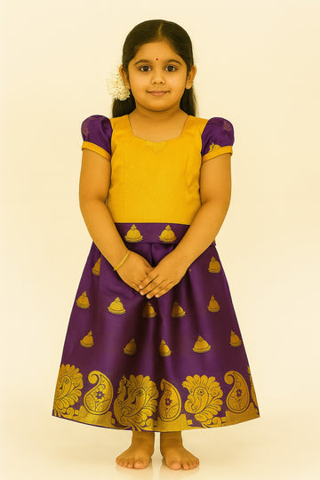 Mustard and Purple Pattu Pavadai for Girls – Puff Sleeve South Indian Dress with Zari Temple Bell and Peacock Motif Skirt