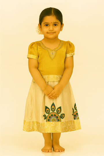 Golden and Cream Pattu Pavadai for Girls – Puff Sleeve Embroidered Blouse with Peacock Mandala Print Skirt and Zari Border
