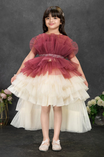 Burgundy & Ivory Layered Ruffle High-Low Party Dress for Girls