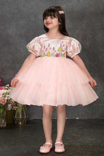 Blush Pink Puff Sleeve Embroidered Tulle Party Dress for Girls
