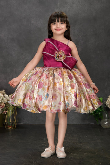 Magenta & Floral Satin Party Dress with Oversized Bow for Girls